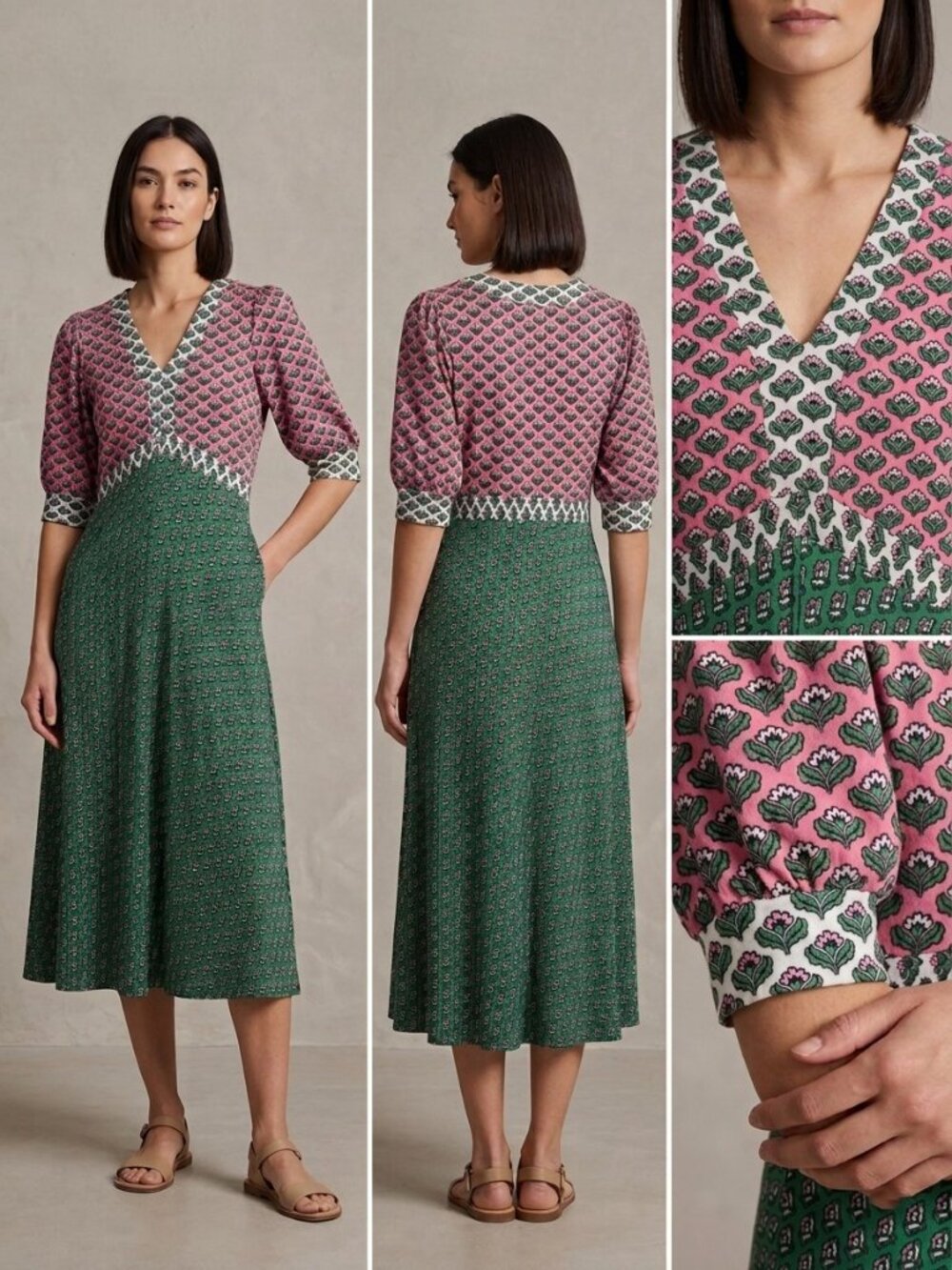 Boden Eva Jersey V-Neck Empire Waist Stretch Midi Dress Pink Green Geo Floral 6R